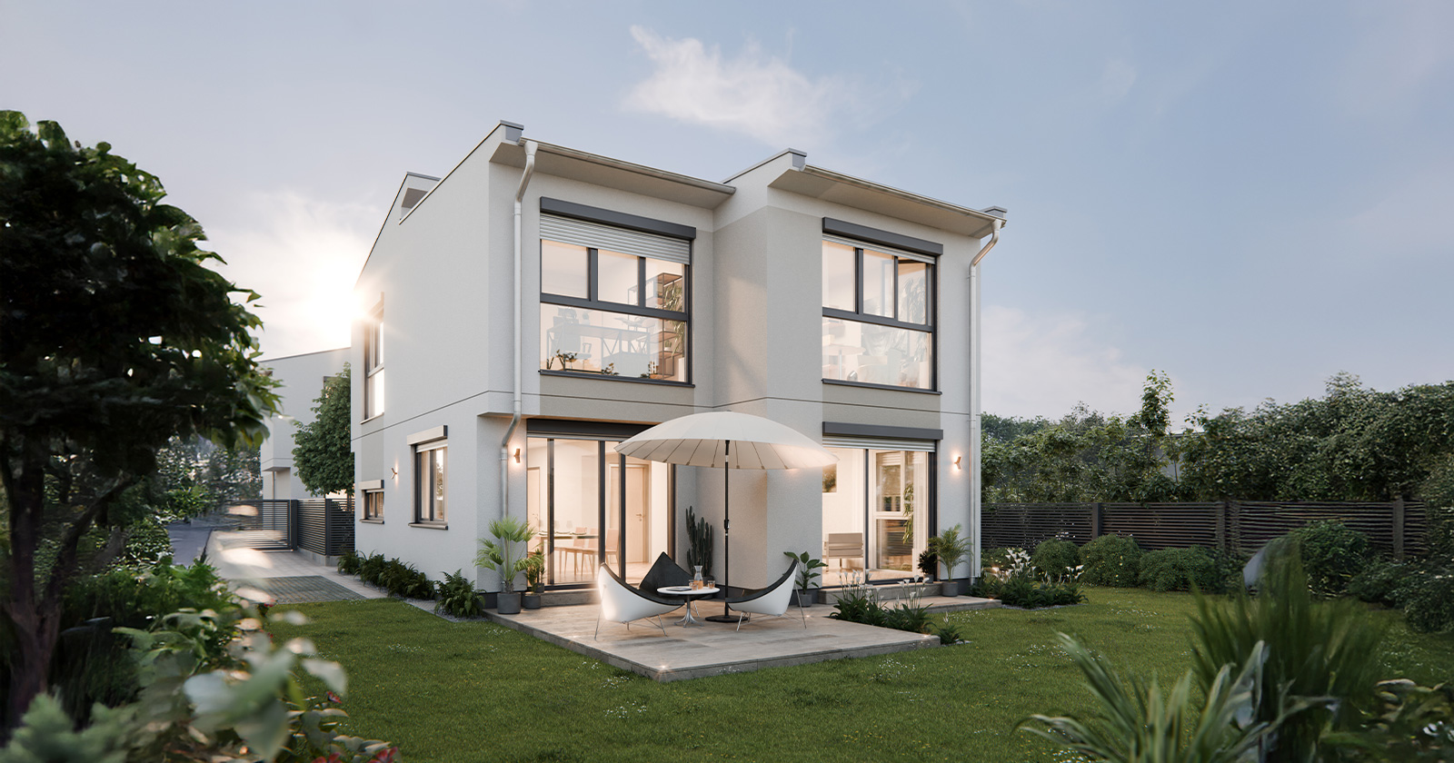 Idyllisches Wohnhaus im Grünen bei Abenddämmerung | Credit: Glorit Bausysteme