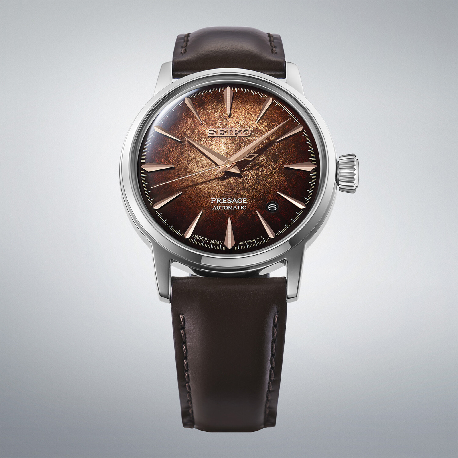 Uhr mit ledernem Armband und braunem Ziffernblatt | Credit: Seiko