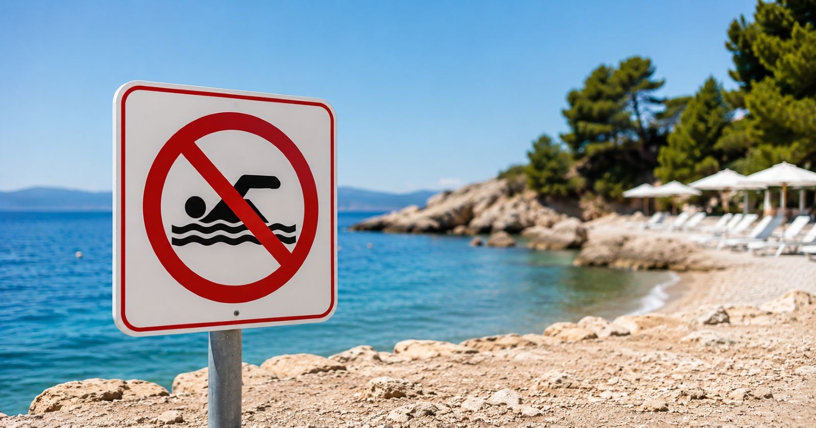 Badeverbot Kroatien: Verbotsschild am Strand in Medulin warnt vor Schwimmen im Meer nach möglicher Verunreinigung.