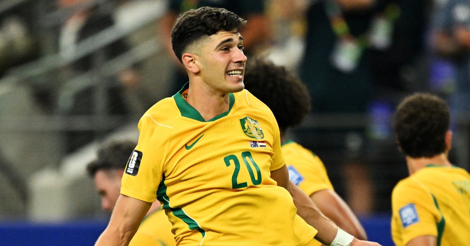 Cristian Volpato jubelt im Trikot der australischen Nationalmannschaft während eines Spiels bei der Fußball-WM 2026.