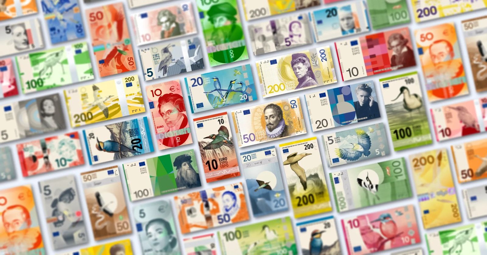 Entwürfe neuer Euro-Banknoten mit Motiven wie Persönlichkeiten, Flüssen und Vögeln im Überblick der EZB-Abstimmung