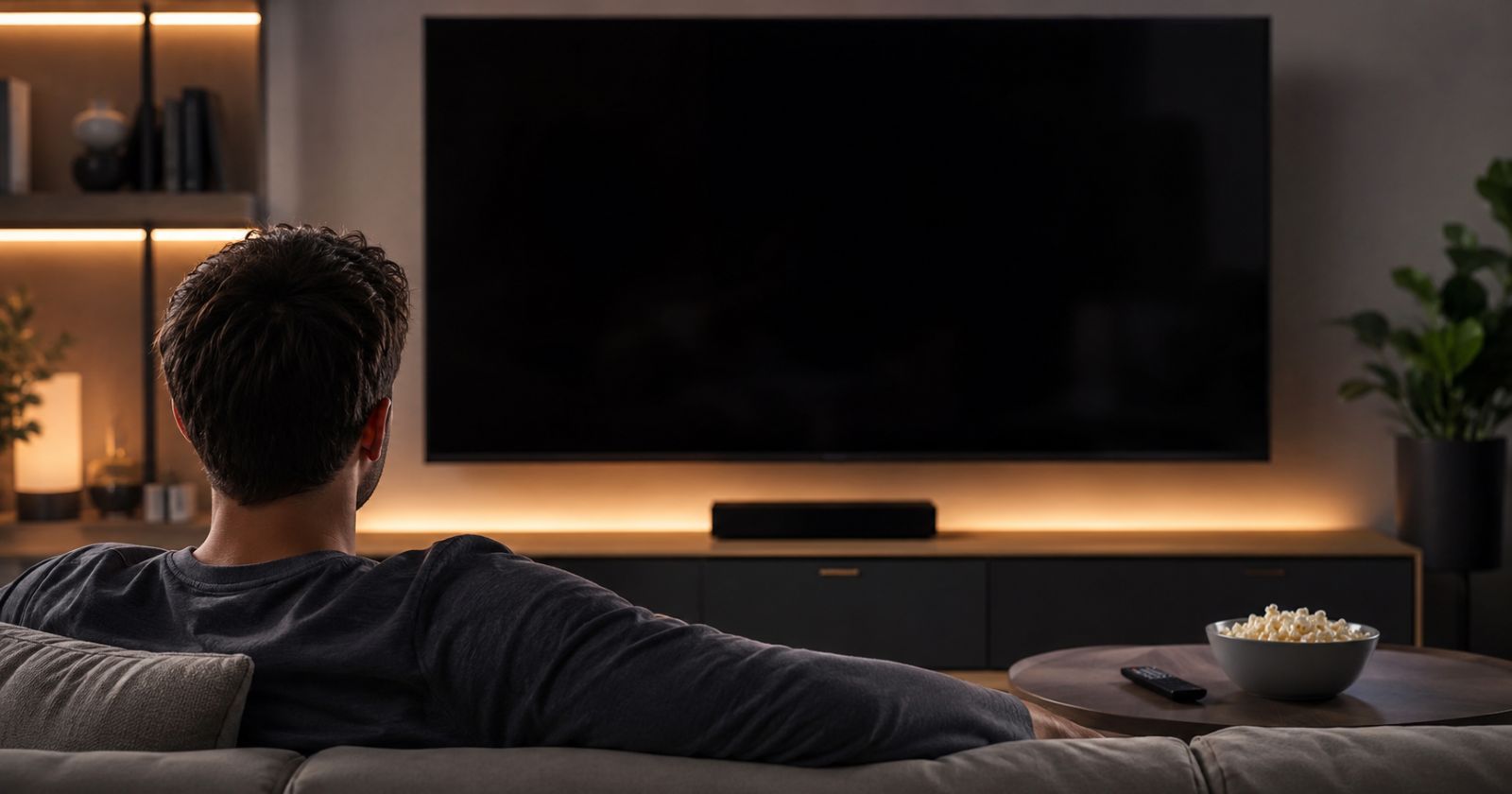 Symbolbild Wohnzimmer mit Fernseher und Fernbedienung, Bildschirm dunkel, steht für das Verschwinden mehrerer Fernsehsender und die Umstellung im TV-Angebot.