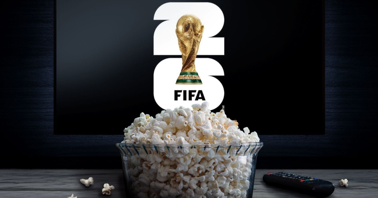 TV mit Logo der Fußballweltmeisterschaft 2026 als Themenbild für die Übertragung des Spiels zwischen Frankreich und Marokko.