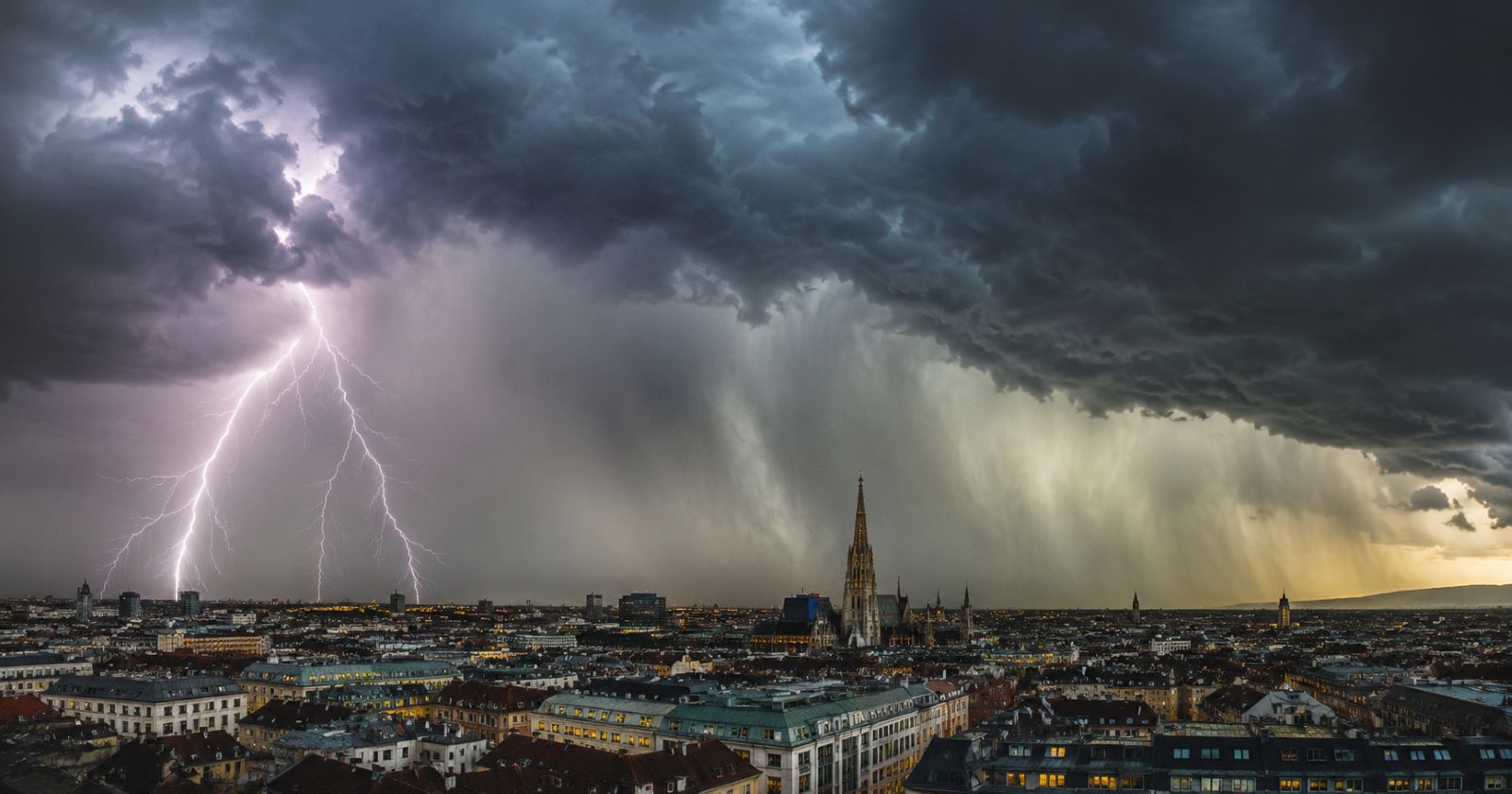 Gewitterfront mit Blitz, Starkregen und dunklen Wolken über einer Stadt in Österreich, Unwetter mit Hagel und Sturm zieht auf