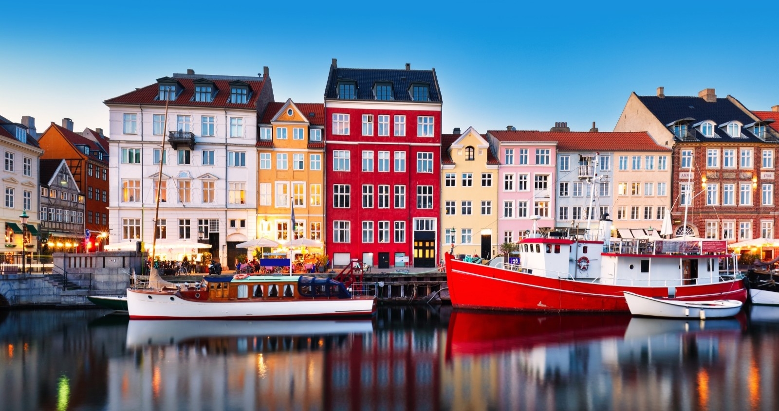 Panorama des Kopenhagener Kanals Nyhavn bei Sonnenuntergang.