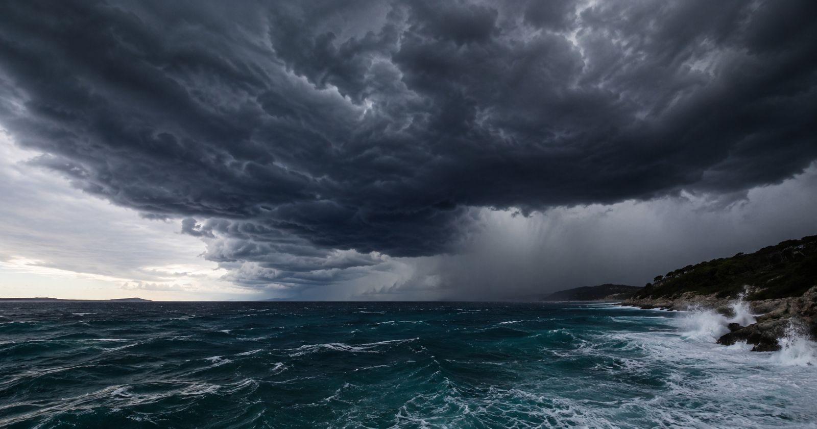 Meteotsunami Kroatien: Sturm über der Adria mit hohen Wellen und dunklen Gewitterwolken an der Küste von Hvar