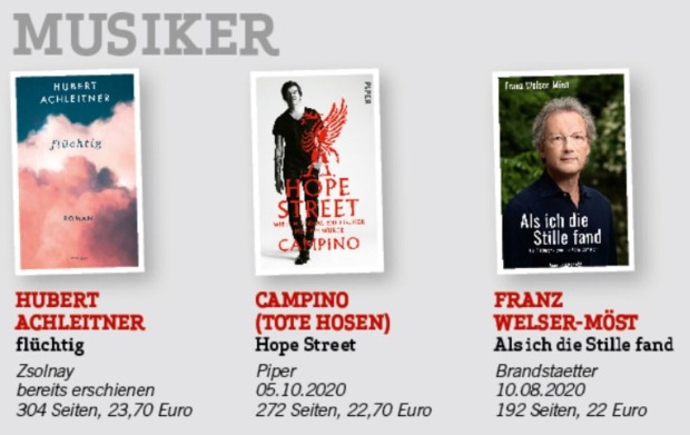 Hubert Achleitner "flüchtig", Campino "Hope Street", Franz Welser-Möst "Als ich die Stille fand".