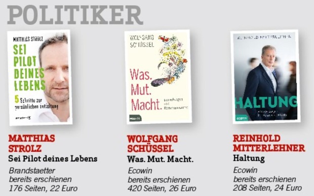 Matthias Strolz "Sei Pilot deines Lebens", Wolfgang Schüssel "Was.Mut.Macht", Reinhold Mitterlehner "Haltung".