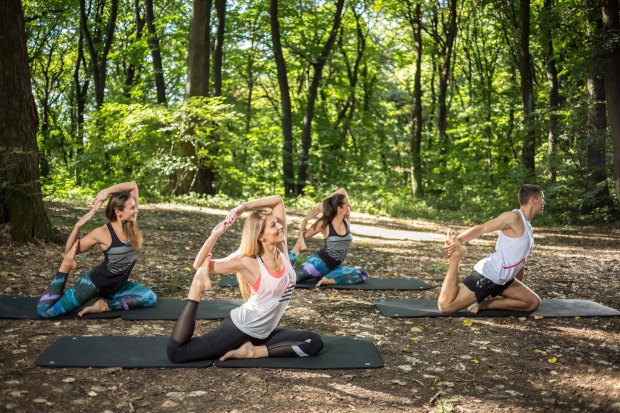 Drei Frauen und ein Mann bei Yogaübungen im Wald
