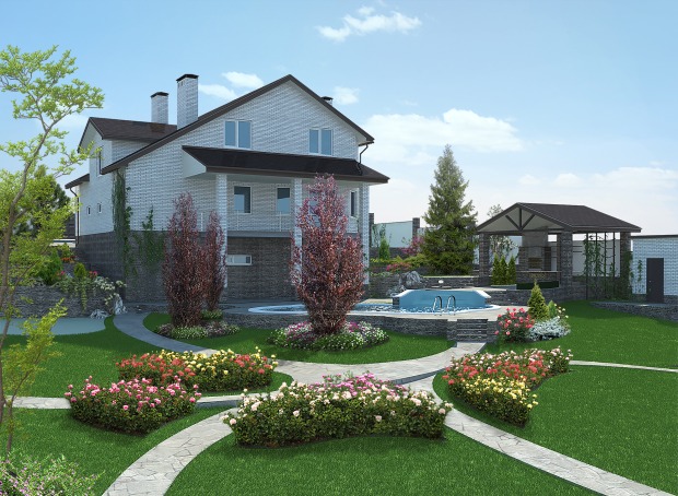 Ein Swimmingpool, der in eine akkurat gepflegte Gartenlandschaft eingebettet ist