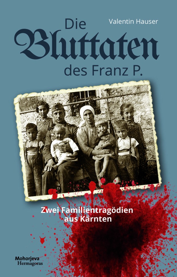Cover des Buches "Die Bluttaten des Franz P." mit historischem Familienfoto und illustriertem Blutfleck