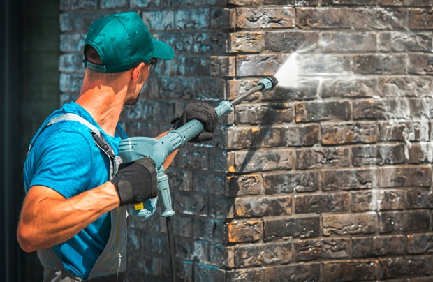 Reinigung einer Hauswand per Hochdruckreiniger | Credit: iStock.com/welcomia