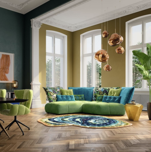Grünes Bretz-Sofa im Wohnzimmer | Credit: Bretz Austria