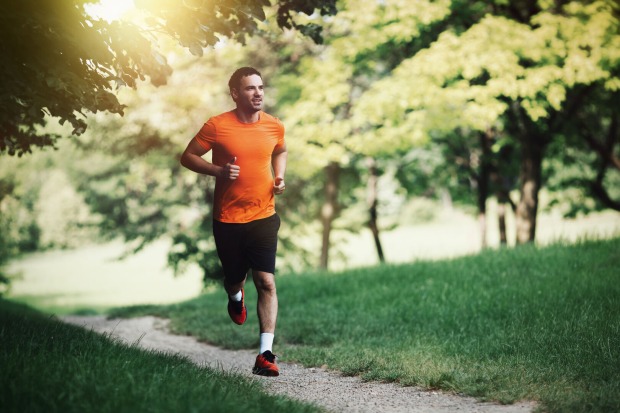 Ein Mann joggt durch eine grüne Parklandschaft