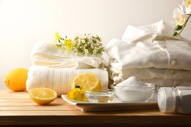 Frisch gereinigte Wäsche mit einer Schale Essig und frischen Zitronenhälften | Credit: iStock.com/Davizro