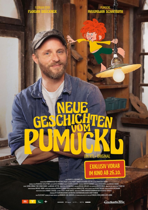 Man sieht die neue Verfilmung vom Kinderfilm Pumuckl mit neuer Besetzung und einer großen gelben Schrift die sagt "Neue Geschichten vom Pumuckl"