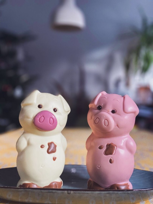Ein gelbes und ein rosanes Schweinchen als Glücksbringer.