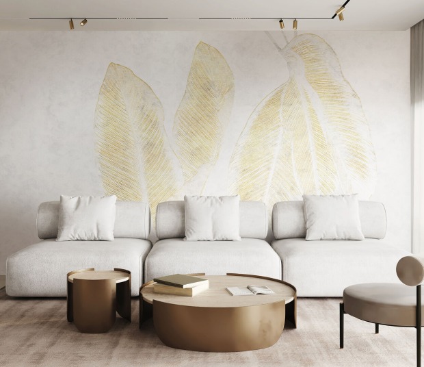 Tapete mit goldenen Federn in weiße Wohnzimmer