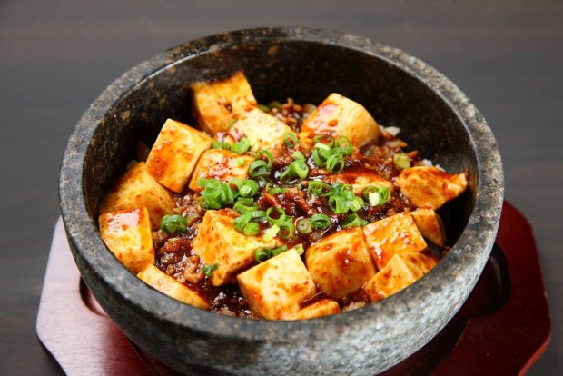 Steintopf mit gebratenem Tofu und Faschierten.