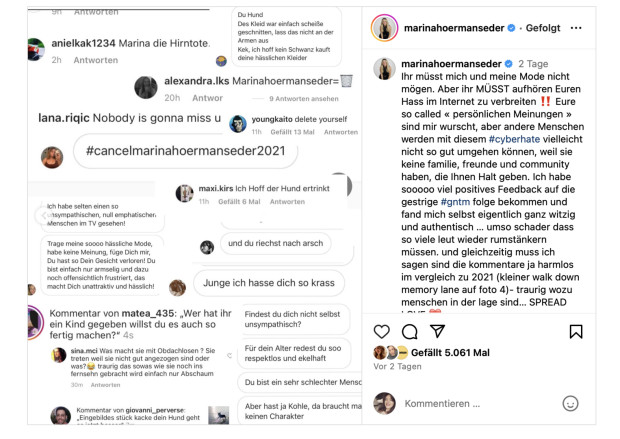 Hate-Kommentare an Hoermanseder aus dem Jahr 2021