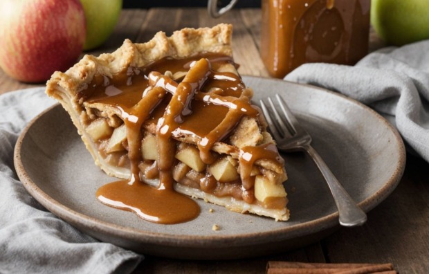 Nahaufnahme eines Apfelkuchens mit dunkler Salzkaramellsauce.