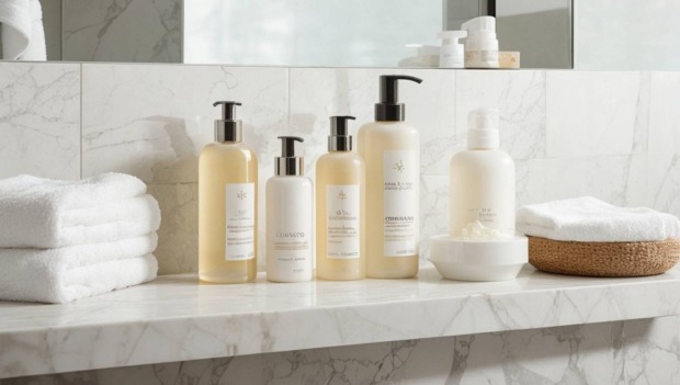 Make-Up-Fläschchen und Skin-Care-Produkte auf einer Ablage in einem Badezimmer.