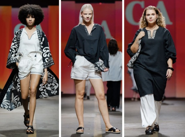 Drei Bilder nebeneinander gestellt, Models am Laufsteg