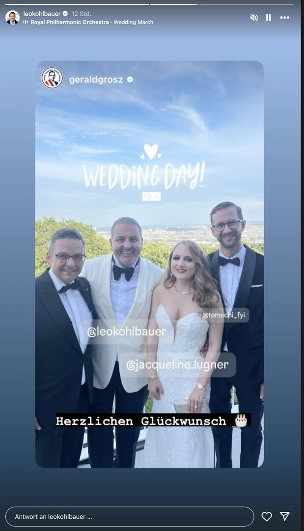 Leo Kohlbauer und Jacqueline Lugner mit Gerald Grosz und Partner bei ihrem Hochzeitstag.