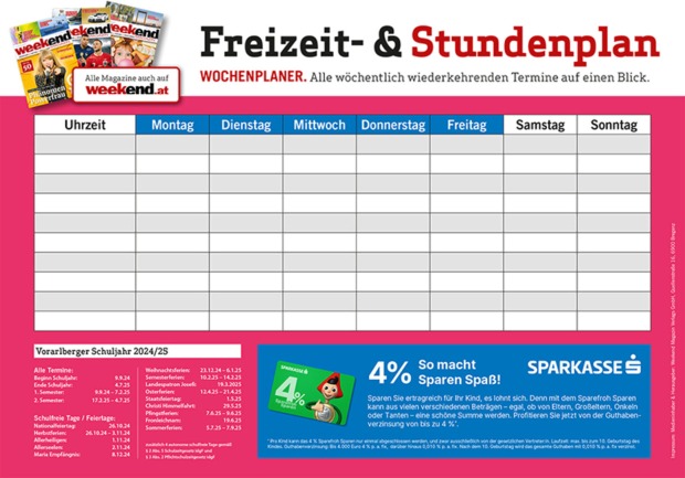 Alle wichtigen Schul- und Ferien­termine auf einen Blick: Der Stundenplan ­eignet sich auch als Freizeit­planer für Familien und Vereine.