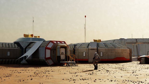 Bild einer Raumstation auf dem Mars, auf die sich ein Astronaut zubewegt