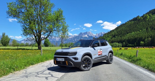 Ein hellblauer Jeep Avanger steht auf einer einsamen Straße. Im Hintergrund sind hohe Berge und Hügel zu sehen. Auf einer Wiese grasen Kühe.