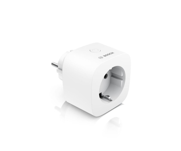 Weißer Bosch Smart Home Zwischenstecker kompakt [+M] mit Schuko-Anschluss, On/Off-Taste und integriertem Energiemess- sowie Funknetz-Verstärkungsmodul