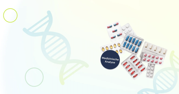 Grafik mit DNA Helix und Medikamenten