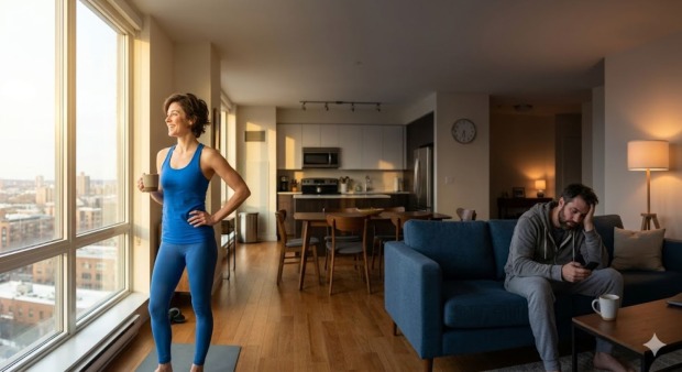 Zwei Personen im selben Raum: eine energiegeladen am Morgen, die andere müde am Abend – Beispiel für unterschiedliche Energielevel und Chronotypen