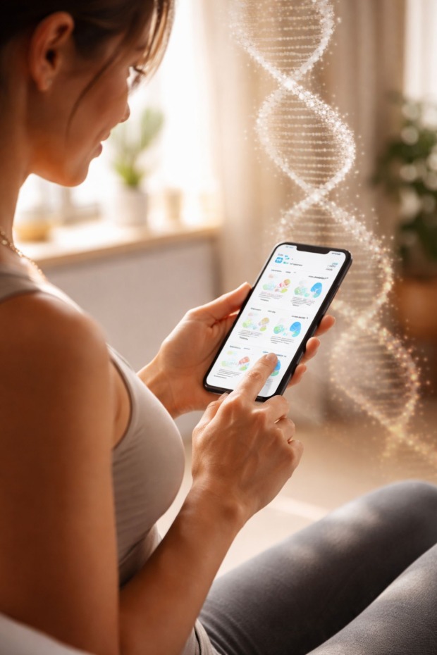 Frau analysiert genetische Daten auf dem Smartphone, visualisierte DNA im Hintergrund zeigt Zusammenhang zwischen Gentest, Stoffwechsel und Individualität