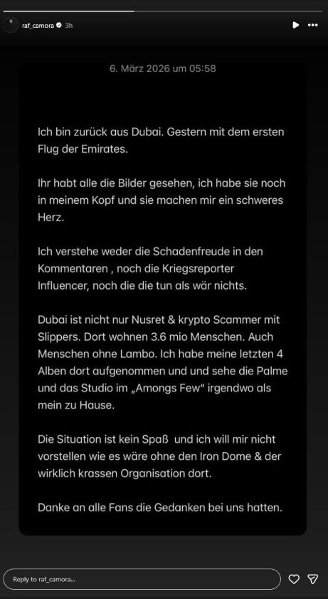 Raf Camora Statement Dubai/ RAF Camora ist in Wien nach den Angriffen auf Dubai
