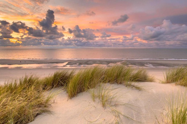 Dünenlandschaft auf Ameland mit Strandgras, weitem Sandstrand und farbenreichem Sonnenuntergang über dem Meer.