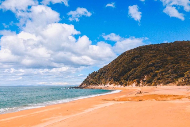 Weite Bucht am Anapai Beach mit auffällig orangefarbenem Sand, sanften Wellen und bewaldetem Hügel im Hintergrund.