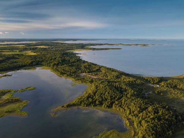 Luftaufnahme von Hiiumaa mit Wäldern, Seen und Küstenlinie in Estland.