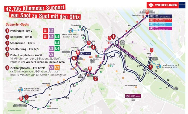 Karte der Öffi-Umleitungen während des Vienna City Marathons 2026