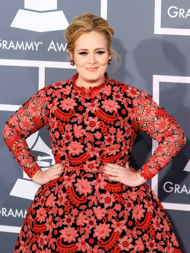 Adele posiert 2013 bei den Grammy Awards in einem rot-schwarz gemusterten Kleid auf dem roten Teppich.