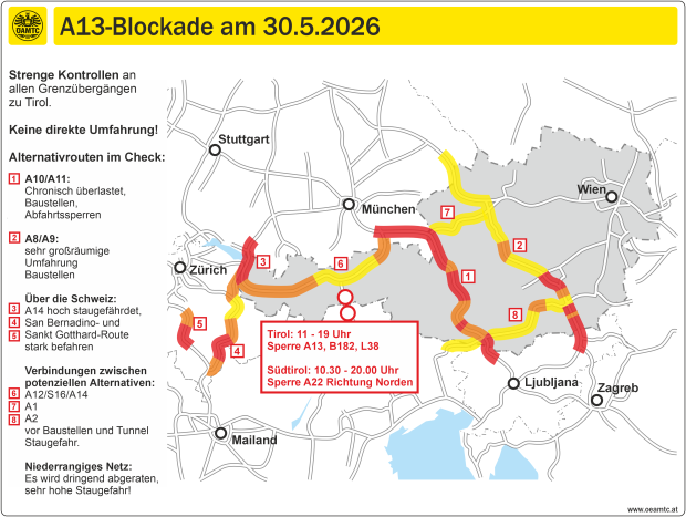 Karte zur Brenner Sperre 2026 mit gesperrter A13, B182 und L38 sowie stark belasteten Alternativrouten über Österreich, Schweiz und Südtirol