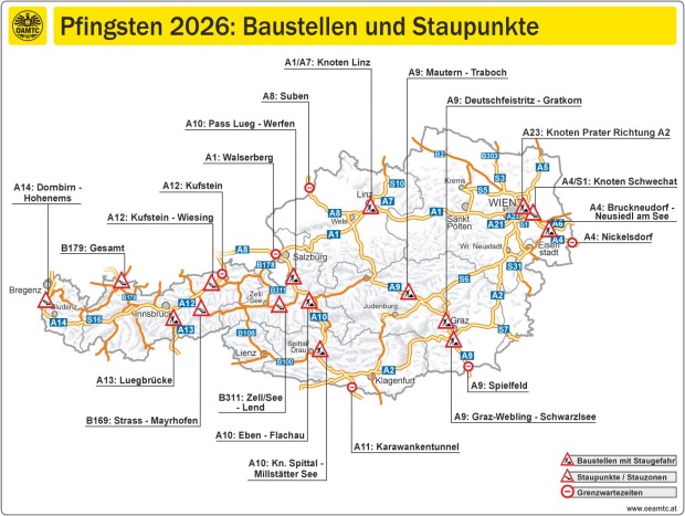Pfingsten Stau Österreich Karte ÖAMTC Baustellen Staupunkte Autobahnen Verkehrswarnung A1 A10 A13
