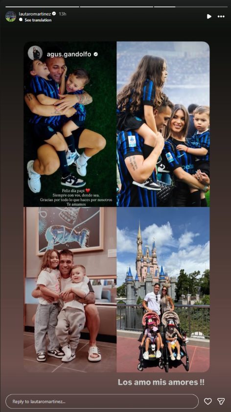 Lautaro Martinez mit seiner Familie auf Instagram, darunter Fotos mit seinen Kindern auf dem Rasen und bei einem Ausflug nach Disneyland.