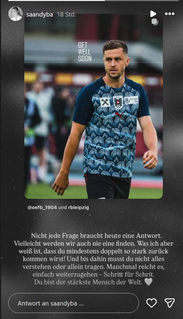 Instagram-Story von Sandy Baumgartner mit Foto von Christoph Baumgartner und emotionaler Botschaft nach Verletzung und WM-Aus