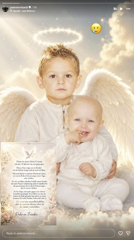 Instagram-Story von Pietro Lombardi mit einem Kinderfoto von ihm und seiner verstorbenen Cousine. Der Sänger nimmt nach ihrem Tod im Alter von 31 Jahren mit emotionalen Worten Abschied.