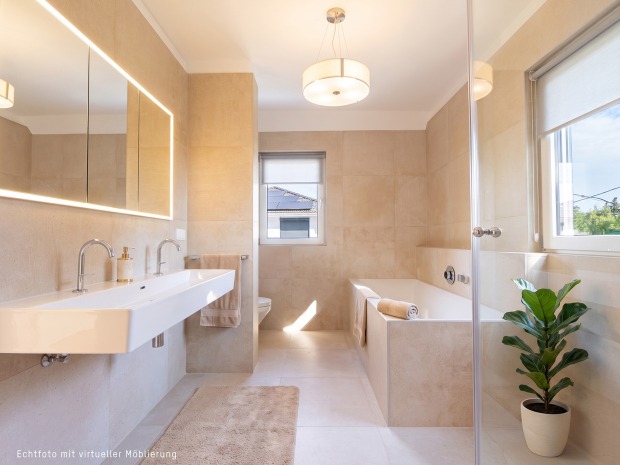 Elegantes Badezimmer in Creme-Tönen | Credit: Glorit Bausysteme