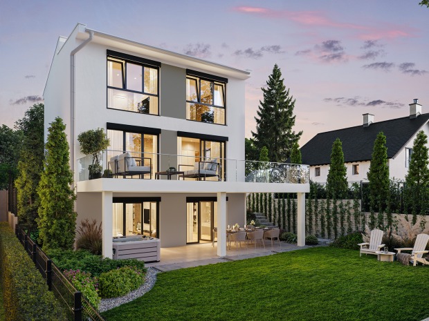 Modernes Wohnhaus im Grünen in der Abenddämmerung | Credit: Glorit Bausysteme