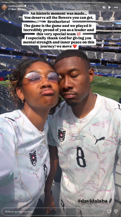 David Alaba posiert nach dem WM-Aus Österreichs gegen Spanien mit seiner Schwester Rose Maya. Sie veröffentlichte das gemeinsame Selfie auf Instagram und unterstützte den ÖFB-Kapitän mit emotionalen Worten.