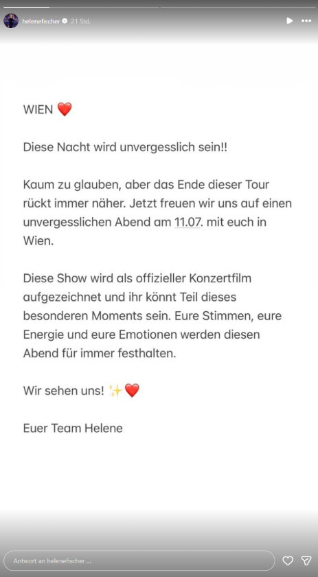 Instagram-Story von Helene Fischer vor ihrem Wien-Konzert. Die Sängerin kündigt an, dass die Show im Ernst-Happel-Stadion als offizieller Konzertfilm aufgezeichnet wird.
